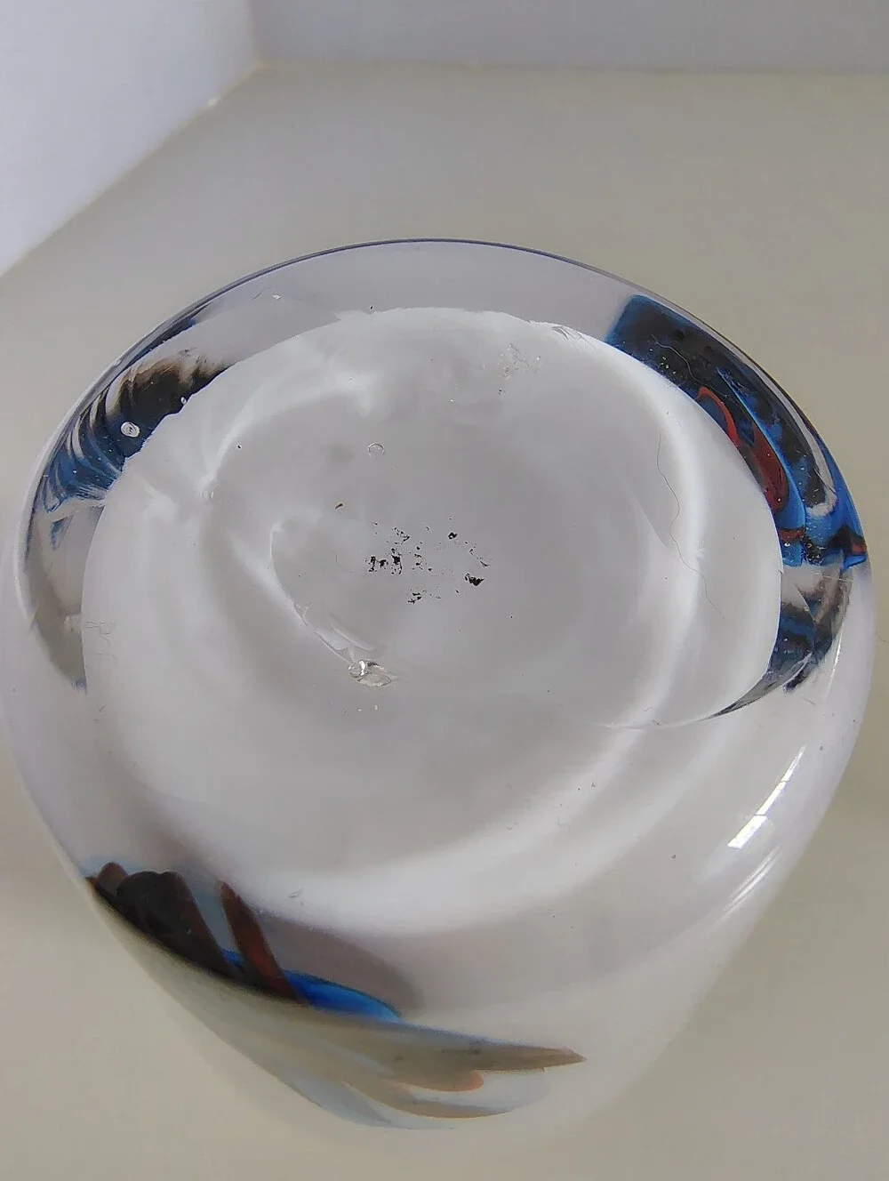 Vintage 1970s Italian Opaline Glass Vase Hand Blown White Blue Macchie Splashes